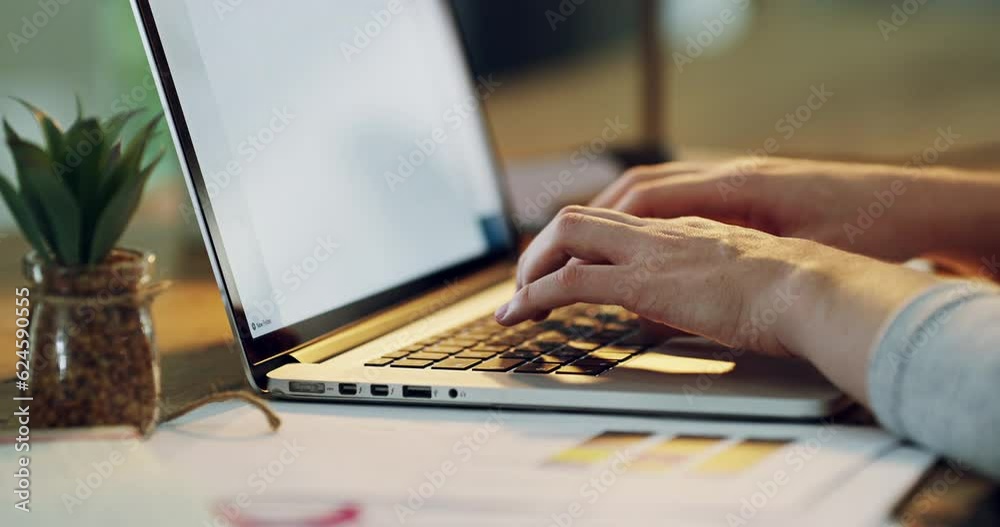 Woman hands, laptop and typing with keyboard and screen and digital research in a office. Writing, working and female worker with email and web search for creative work and article for company blog