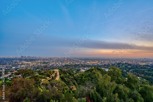 View over Los Angeles with the downtown skyline after sunset