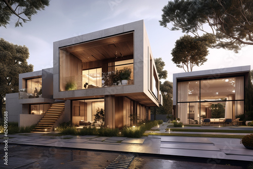 Rendering of modern villa duplex concrete and wood mate Architecture.Generative Ai content