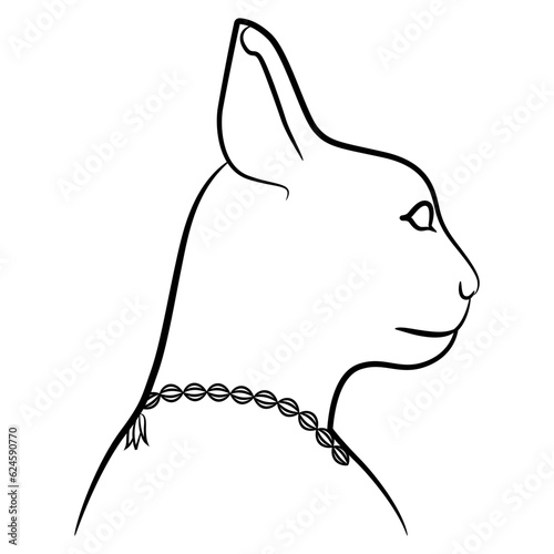 Head in profile of ancient Egyptian cat goddess Bastet. Black and white linear silhouette.