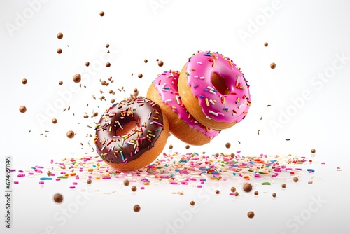 Donuts with sprinkles flying over white background
