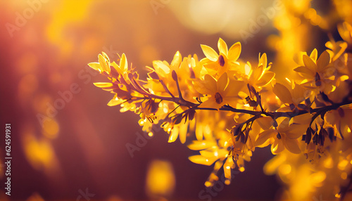  Flowering forsythia in springtime sunshine and defocused lights in saturated yellow color  floral spring background banner concept with copy space Ai generated image 