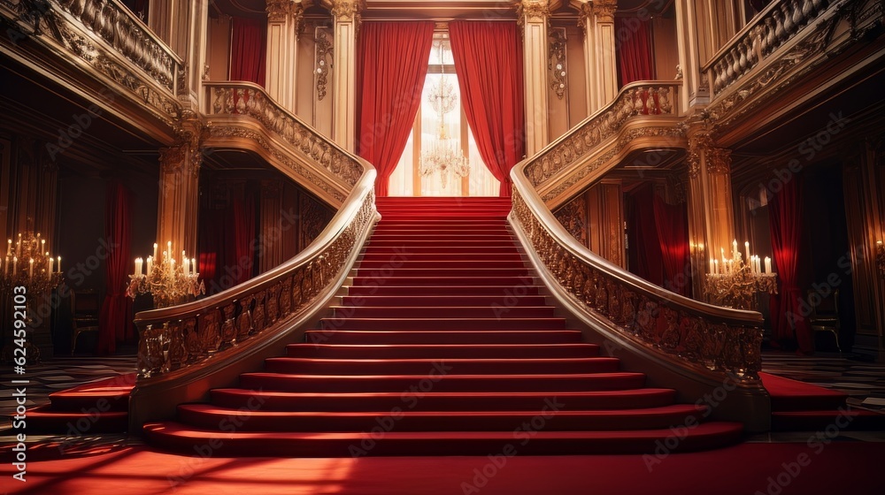 Red glowing carpet and ceremonial VIP staircase, close up. VIP luxury entrance with red carpet. interior of the palace - obrazy, fototapety, plakaty 