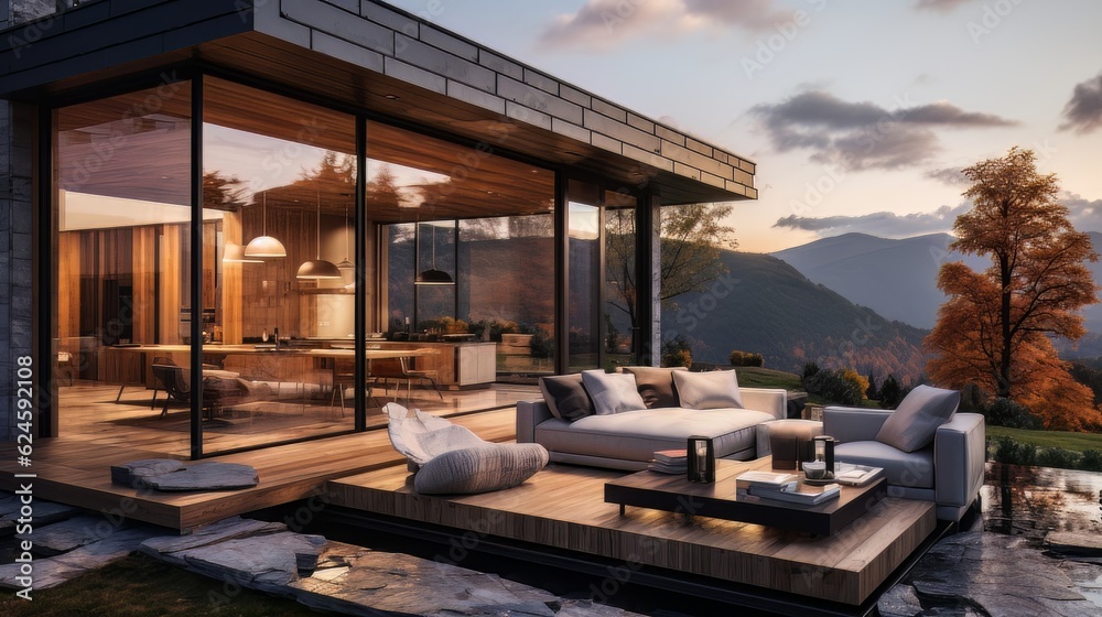 Modern exterior of a luxury villa in a minimal style. Glass house in the mountains. Magnificent mountain views from the veranda of a modern villa. Luxury glamping