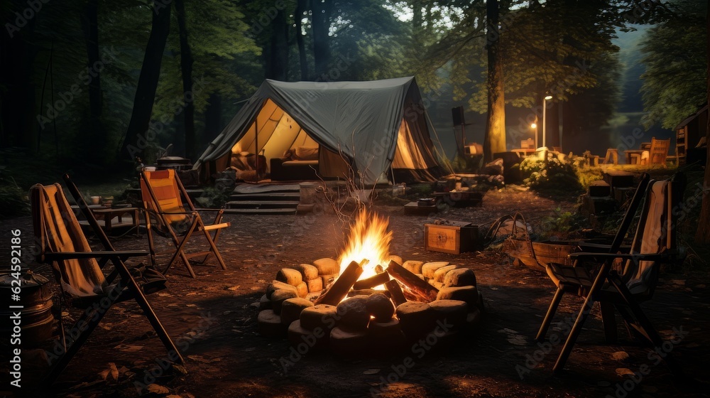 Beautiful bonfire with burning firewood near chairs and camping tent in the forest Beautiful bonfire with burning firewood near chairs and camping tent in the forest