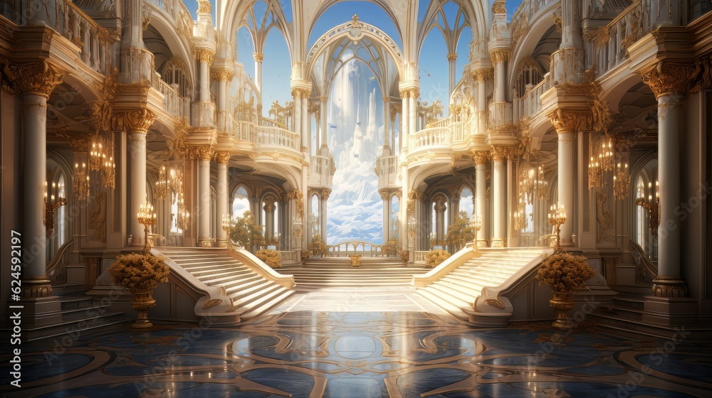 A realistic fantasy interior of the royal palace. golden palace. castle interior