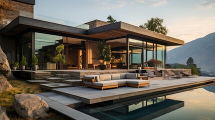 Modern exterior of a luxury villa in a minimal style. Glass house in the mountains. Magnificent mountain views from the veranda of a modern villa. Luxury glamping