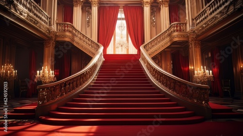 Fotografiet Red glowing carpet and ceremonial VIP staircase, close up
