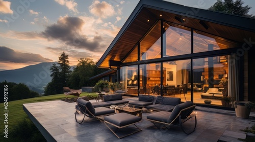 Modern exterior of a luxury villa in a minimal style. Glass house in the mountains. Magnificent mountain views from the veranda of a modern villa. Luxury glamping