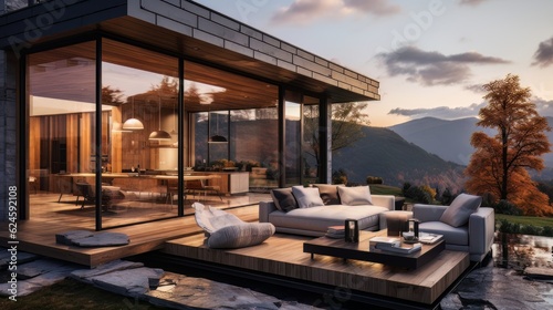 Modern exterior of a luxury villa in a minimal style. Glass house in the mountains. Magnificent mountain views from the veranda of a modern villa. Luxury glamping © Tn