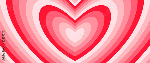 Groovy hearts background. Red and pink romantic pattern. Repeating concentric hypnotic heart design in retro style. Abstract horizontal valentines wallpaper. Vector backdrop