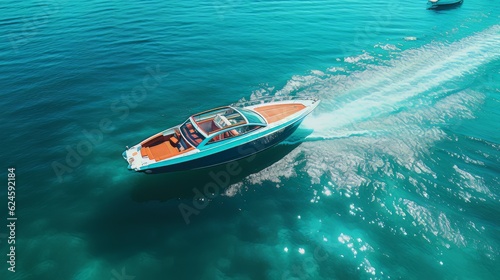 Aerial view of a luxury motor boat. Speed boat on the azure sea in turquoise blue water
