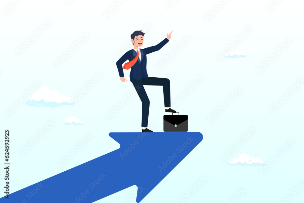 Confidence businessman stand on growing arrow pointing up in the sky, growth strategy challenge to improve and achieve business goal, leadership to lead company to meet target, motivation (Vector) Confidence businessman stand on growing arrow pointing up in the sky, growth strategy challenge to improve and achieve business goal, leadership to lead company to meet target, motivation (Vector)