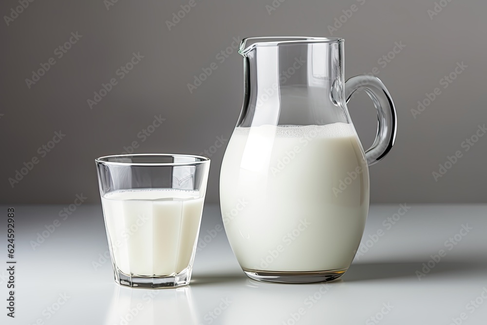 Glass and jug of milk isolated on grey background Glass and jug of milk isolated on grey background