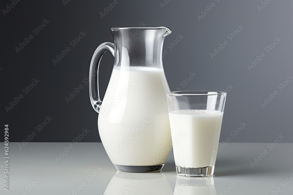 Glass and jug of milk isolated on grey background Glass and jug of milk isolated on grey background