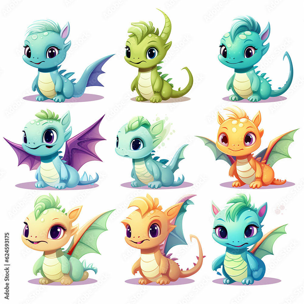 Cute cartoon dragons collection set, colorful dragon clipart