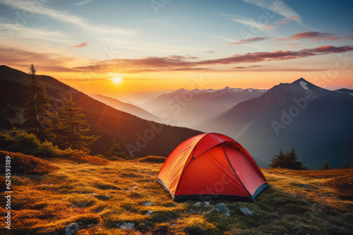 Tourist tent in the mountains at dawn in the summer
