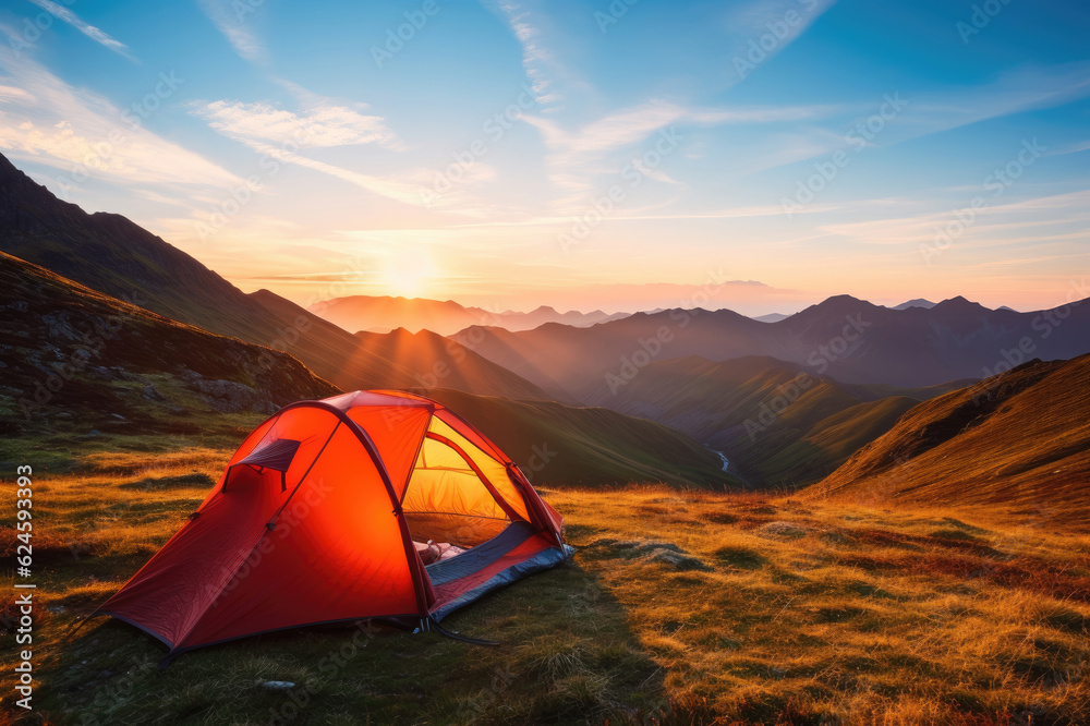 Tourist tent in the mountains at dawn in the summer