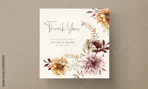 Watercolor autumn flower and leaves wedding invitation template