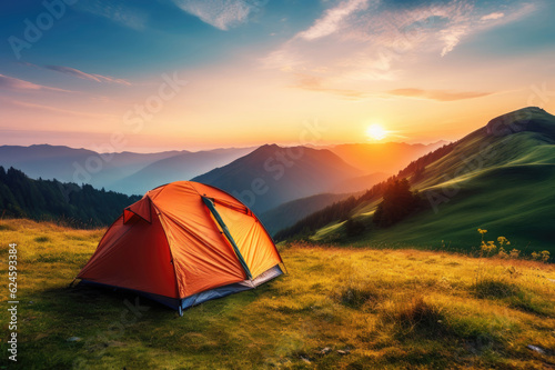 Tourist tent in the mountains at dawn in the summer