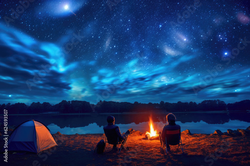 Tourists sit around a brightly blazing campfire near tents under a night sky filled with bright stars