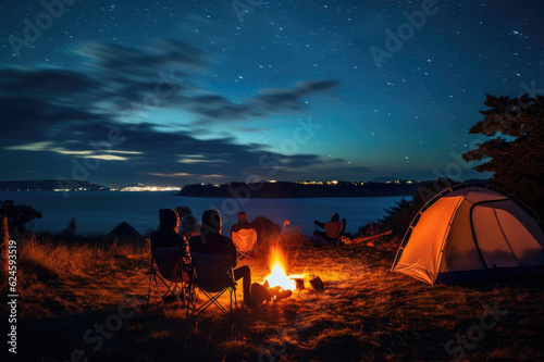 Tourists sit around a brightly blazing campfire near tents under a night sky filled with bright stars