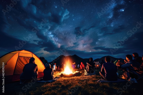 Tourists sit around a brightly blazing campfire near tents under a night sky filled with bright stars