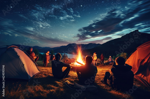 Tourists sit around a brightly blazing campfire near tents under a night sky filled with bright stars