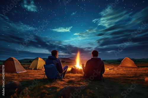 Tourists sit around a brightly blazing campfire near tents under a night sky filled with bright stars © Veniamin Kraskov