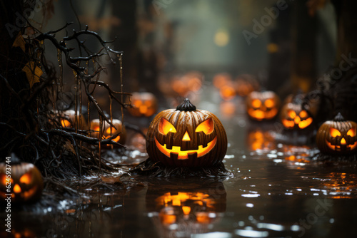 Enchanting Glow: Captivating Halloween Pumpkin Decor with Festive Candlelight. Generative AI
