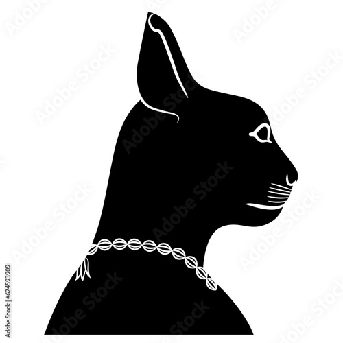 Head in profile of ancient Egyptian cat goddess Bastet. Black silhouette on white background.