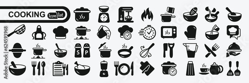 Cooking and kitchen icon collection .Cooking book, frying time, hot pan. vector silhouette