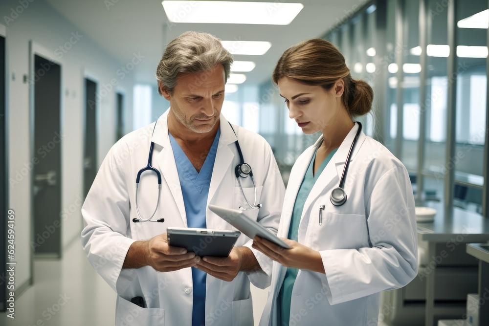 Male And Female Doctors Having Informal Meeting In Modern Hospital Looking At Digital Tablet. Generative AI Male And Female Doctors Having Informal Meeting In Modern Hospital Looking At Digital Tablet. Generative AI