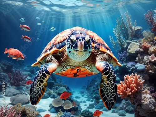 Generative Ai  Sea Turtle in Crystal Clear Waters and Coral Reef