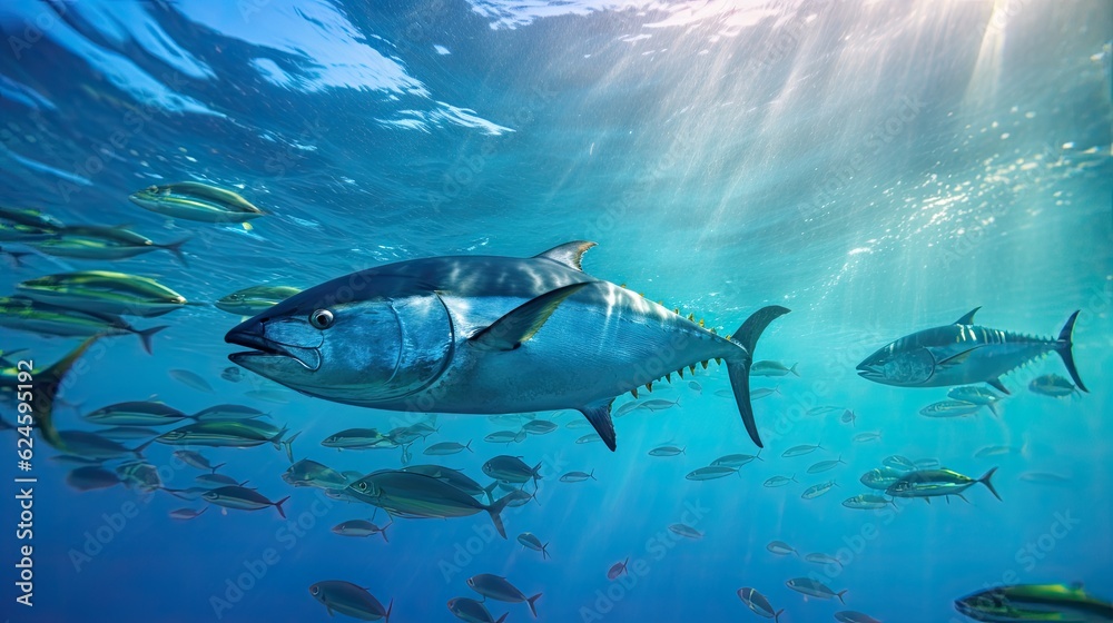 Fototapeta premium Tuna fish in the ocean. School of tuna fish in the ocean. Tuna. Generative Ai.