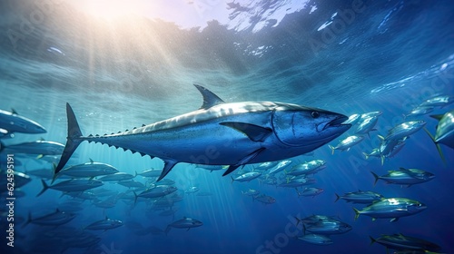Tuna fish in the ocean. School of tuna fish in the ocean. Tuna. Generative Ai.