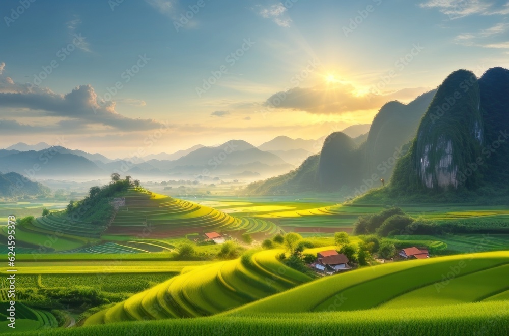 watercolor style scenery Vietnam rice terraces during sunset.generative ai