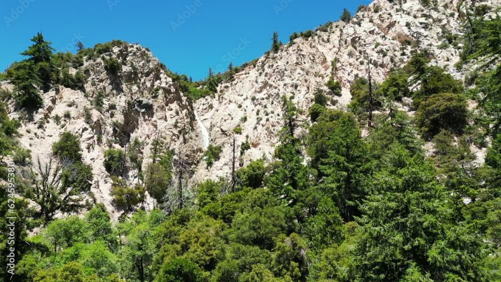 A Drone UAV View of The Forest Falls Mill Creek Big Falls Waterfall in the San Gorgonio National Forest looking at the Waterfall falling off the Mountain
