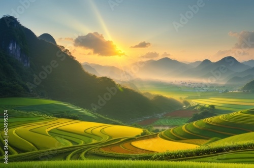 watercolor style scenery Vietnam rice terraces during sunset.generative ai