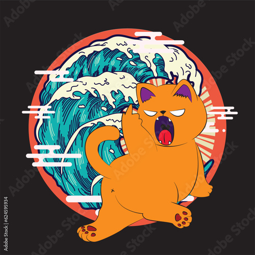 cat illustration with japanese style for kaijune event, notebook, logo