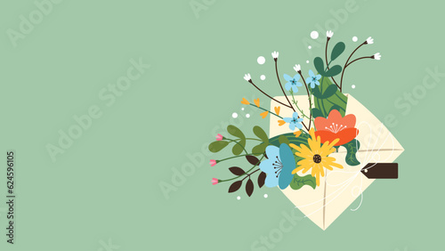 Floral envelope backdrop. Invitation full of flowers with a blank tag on a sage background vector illustration.