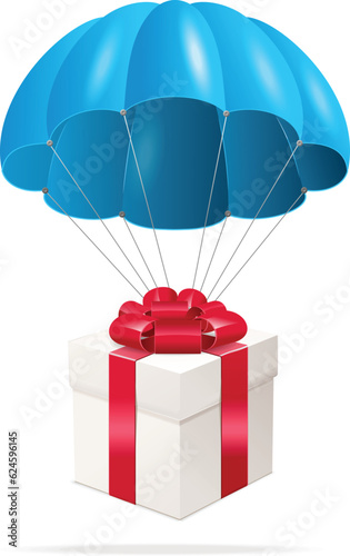 Air shipping concept with parachute. Package, presents or gift flying down from sky with parachute in flat design vector illustration. Delivery Services package is flying on parachute.