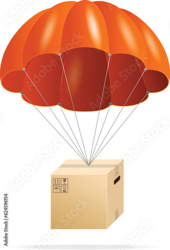 Air shipping concept with parachute. Package, presents or gift flying down from sky with parachute in flat design vector illustration. Delivery Services package is flying on parachute.