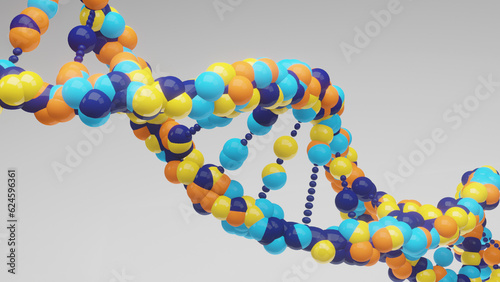 Fun and colorful celebratory image of a multi-colored dna helix against a bright white background. Dark Blue. Light Blue. Yellow. Orange. (ID: 624596361)