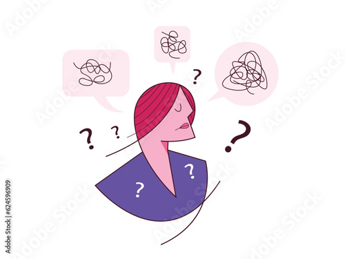 Woman anxiety and stress caused by thinking too much. overthinking concept