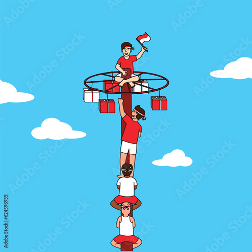 pole climbing competition or lomba panjat pinang during indonesian independence day celebrations