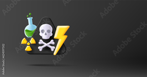 3d render illustration of nuclear and chemical danger with scull and bones sign and glass chemical breaker, black triangle