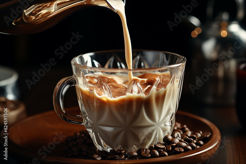 Fresh Milk is Poured Into Clear Cup with Coffee Beans on a Wooden Saucer photo