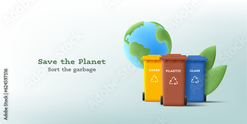 3d illustration of recycling trash cans with planet and green leaves, paper glass and plastic sorting poster, eco tendency