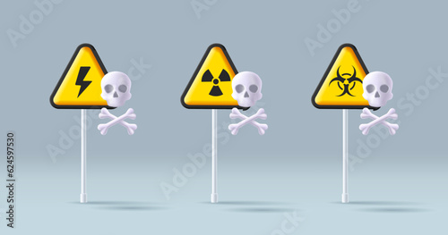 Yellow danger triangle street sign with scull and bones icon, scull danger sign set, hazard nuclear and high power warning icons